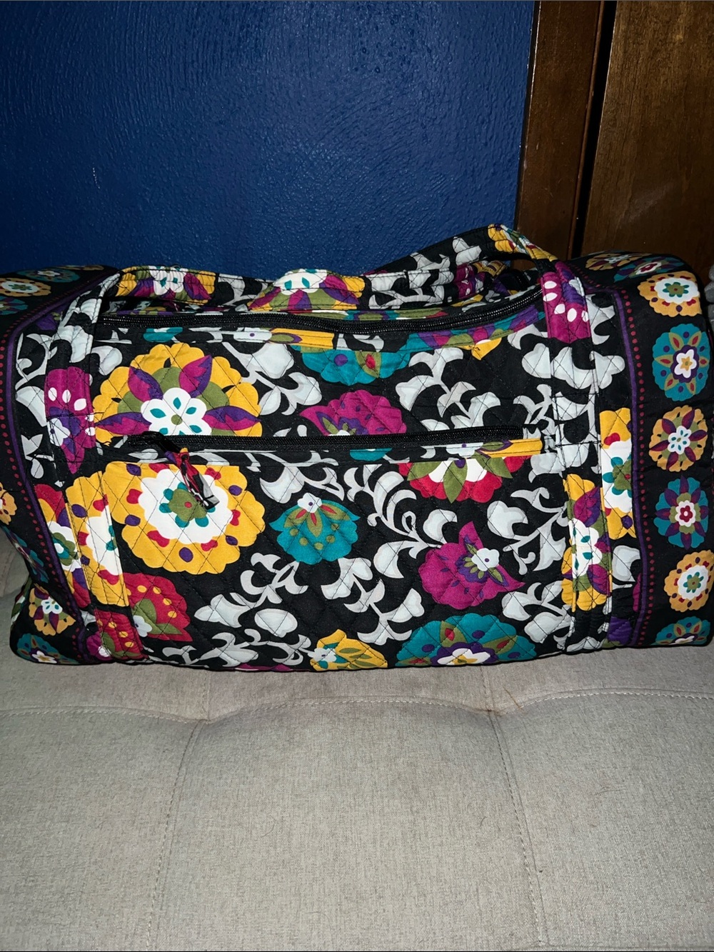Vera Bradley Black Quilted Duffel with Multicolor Floral Pattern